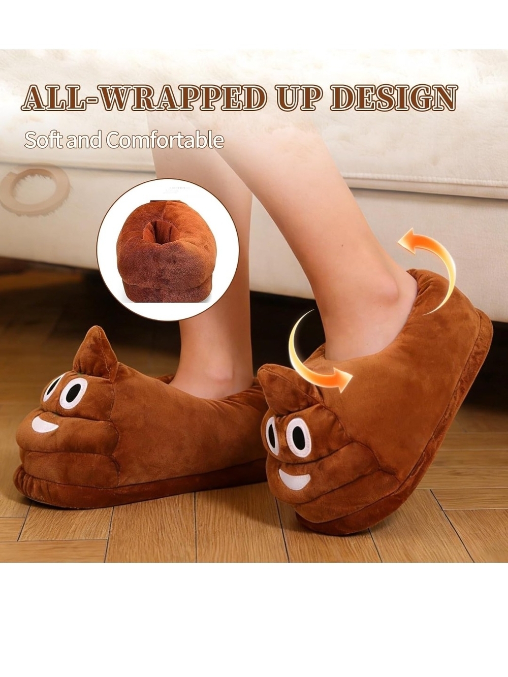 Novelty Poop Emoji Plush Slippers - Brown - Picture 6 of 9